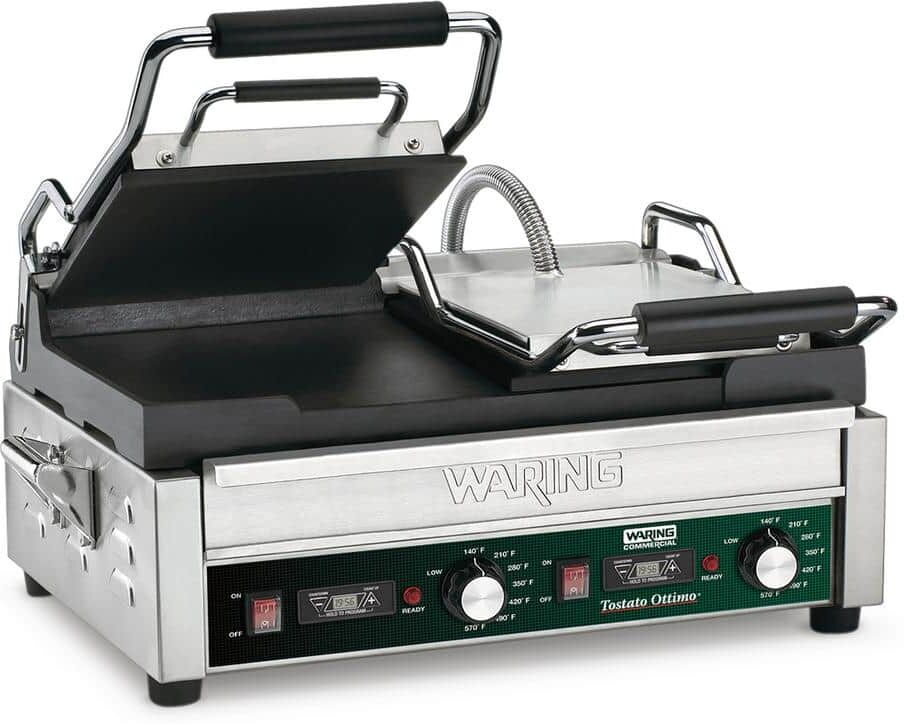 Waring Commercial Tostato Ottimo Dual Toasting Grill with Timer Silver 240-Volt (17 in. x 9.25 in. Cooking Surface)