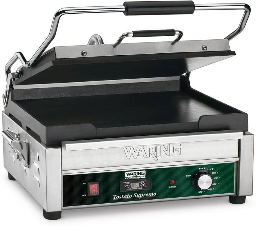 Waring Commercial Tostato Supremo Large Flat Panini Grill with Timer Silver 120-Volt 14.5 in. x 11 in. Cooking Surface