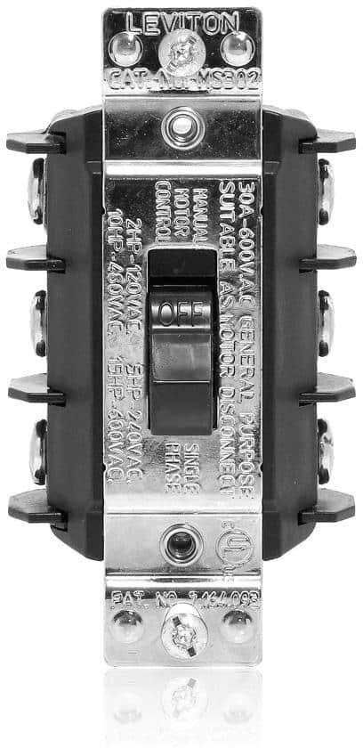 Leviton 30 Amp 600 Volt Industrial Grade Three Pole Three Phase AC Manual Motor Controller Short Toggle Switch - Black