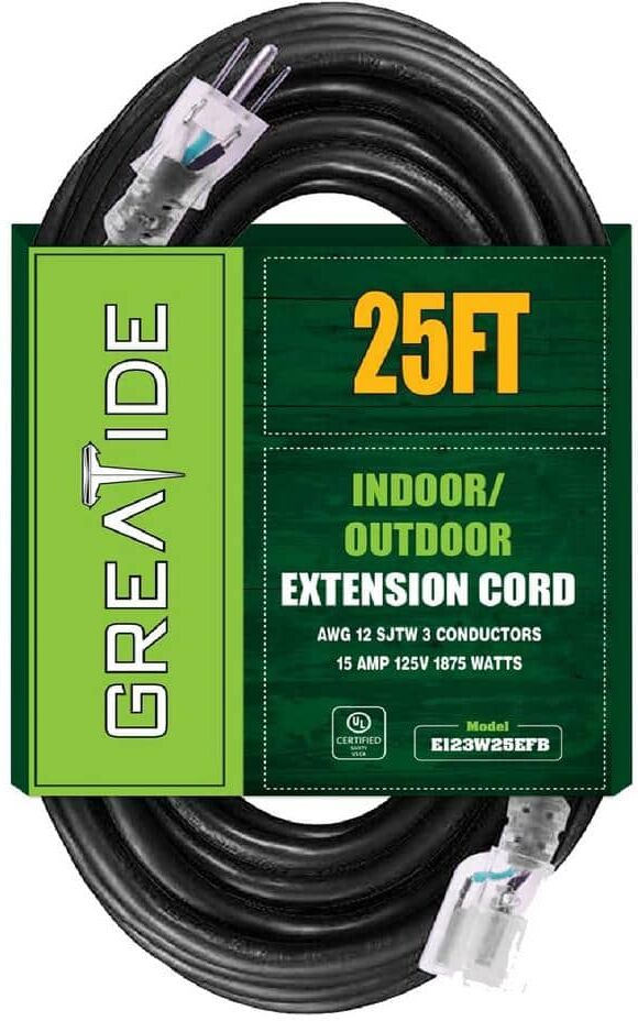 Etokfoks 25 ft. 12/3 Heavy Duty Outdoor Extension Cord with 3 Prong Grounded Plug-15 Amps Power Cord Black