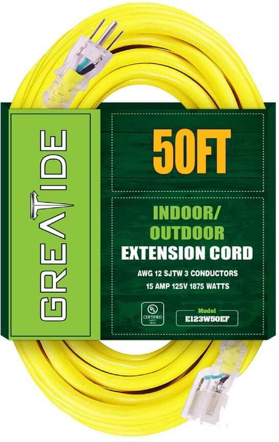 Etokfoks 50 ft. 12/3 Heavy Duty Outdoor Extension Cord with 3 Prong Grounded Plug-15 Amps Power Cord Yellow