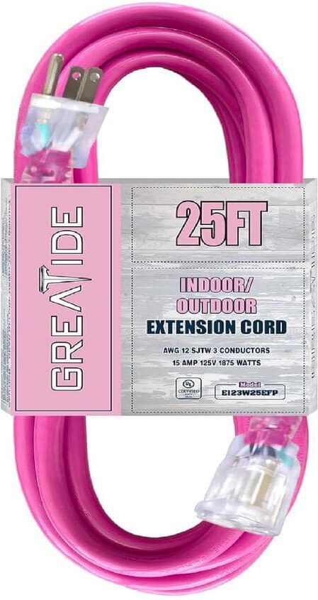 Etokfoks 25 ft. 12/3 Heavy Duty Outdoor Extension Cord with 3 Prong Grounded Plug-15 Amps Power Cord Pink