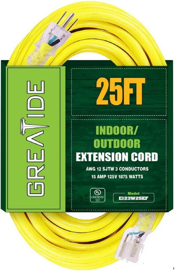 Etokfoks 25 ft. 12/3 Heavy Duty Outdoor Extension Cord with 3 Prong Grounded Plug-15 Amps Power Cord Yellow