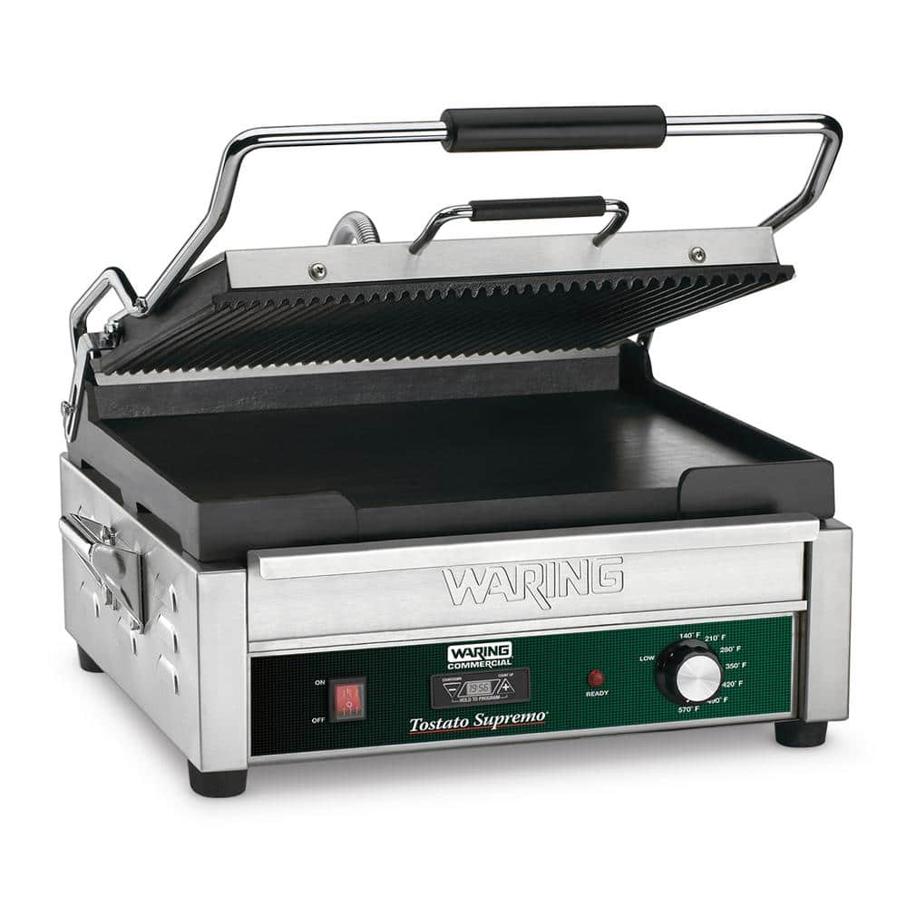 Waring Commercial Dual Panini Grill Ribbed Top Plate Flat Bottom Plate with Timer Silver 120-Volt 14.5 in. x 11 in. Cooking Surface
