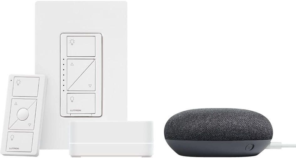 Lutron Caseta Smart Lighting Dimmer Switch Starter Kit w Google Home Mini Charcoal (CASETA1W-GMCHCL)