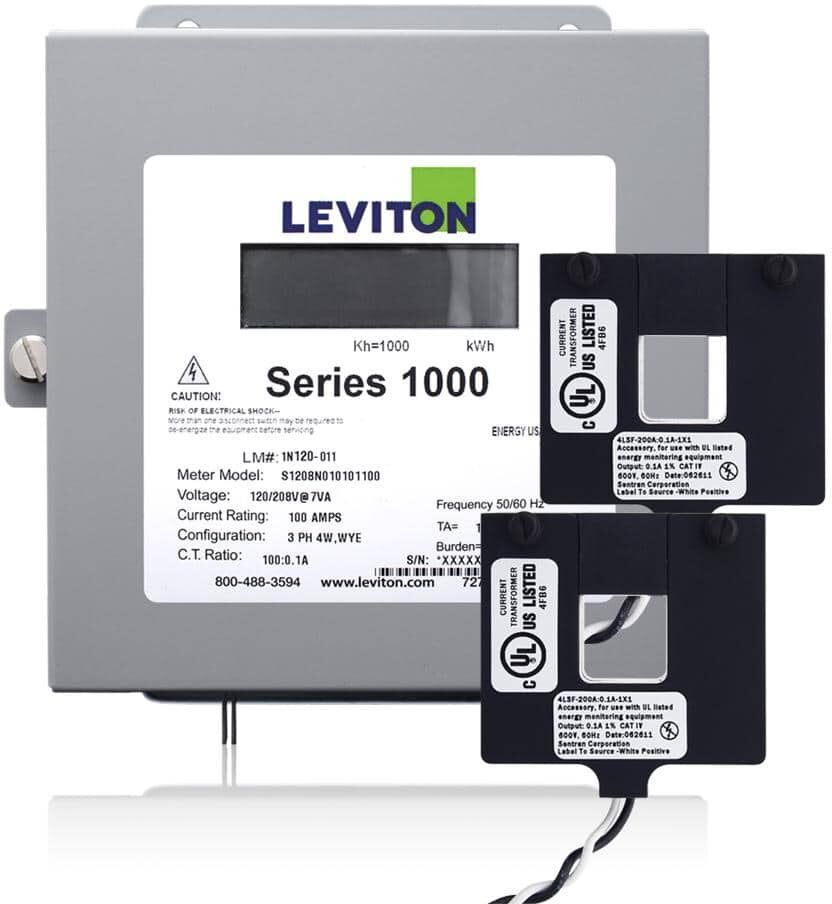 Leviton Series 1000 Single Phase Indoor Meter Kit, 120/240-Volt 200 Amp 1P3-Watt with 2 Split Core CTs, Gray