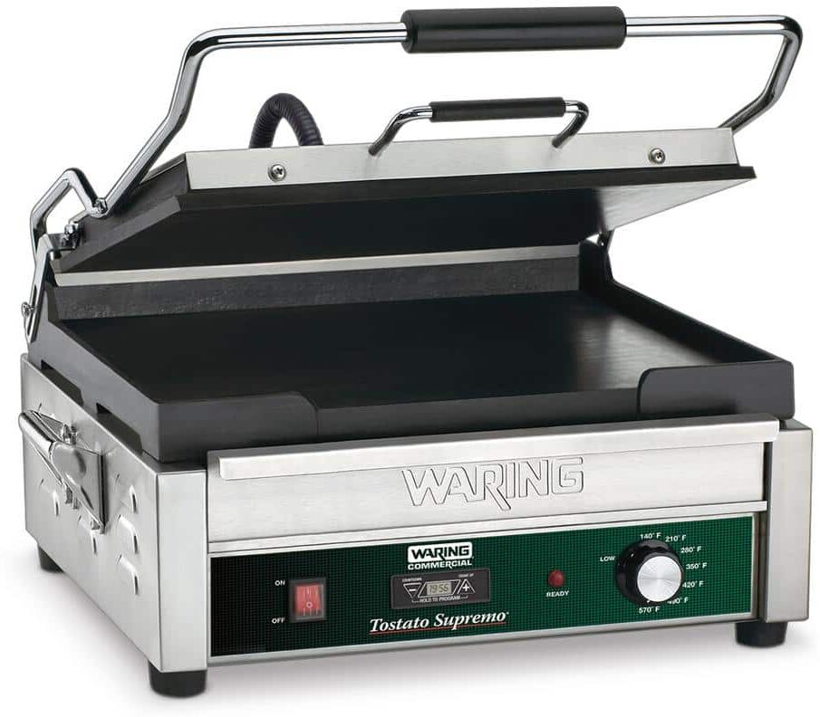 Waring Commercial Full-Sized 14 in. x 14 in. Flat Panini Grill with Timer Silver 120-Volt 14 in. x 14 in. Cooking Surface