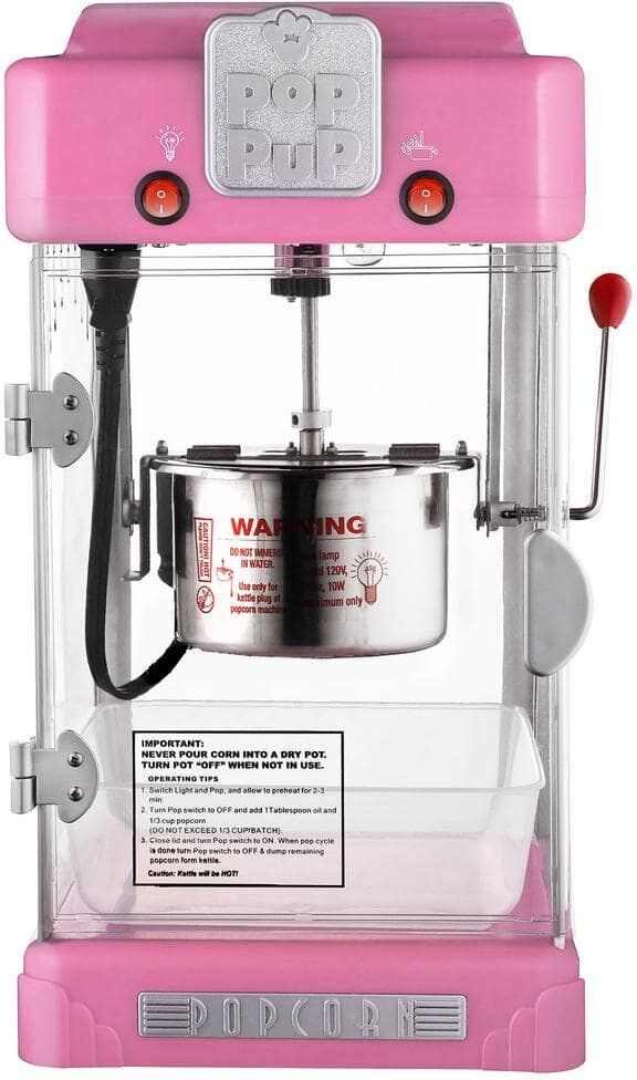 GREAT NORTHERN 2.5 oz. Pop Pup Pink Countertop Popcorn Machine with Measuring Spoon, Scoop, and 25 Serving Bags