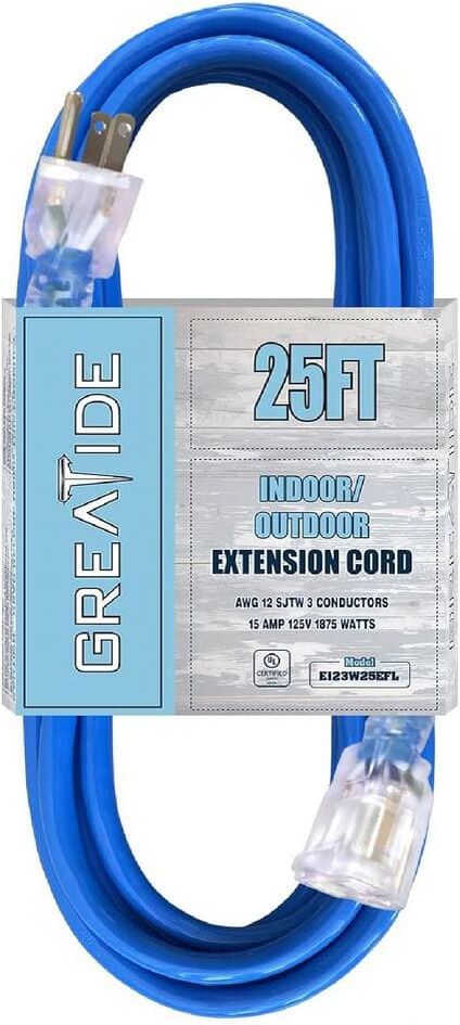 Etokfoks 25 ft. 12/3 Heavy Duty Outdoor Extension Cord with 3 Prong Grounded Plug-15 Amps Power Cord Blue