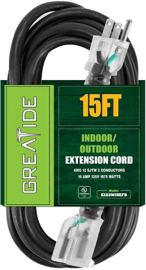 Etokfoks 15 ft. 12/3 Heavy Duty Outdoor Extension Cord with 3 Prong Grounded Plug-15 Amps Power Cord Black