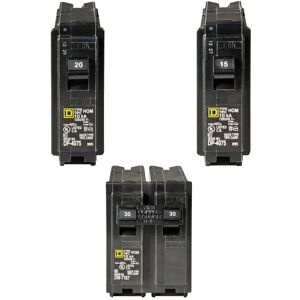 Square D Homeline 1-20 and 1-15 Amp Single-Pole, and 1-30 Amp 2-Pole Circuit Breakers (3-pack)