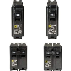 Square D Homeline 1-20 and 1-15 Amp Single-Pole, 1-50 and 1-30 Amp 2-Pole Circuit Breakers (4-pack)