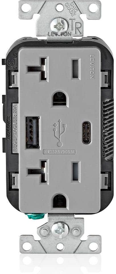 Leviton 20 Amp Type A and Type-C USB Charger/Tamper Resistant Receptacle, Gray