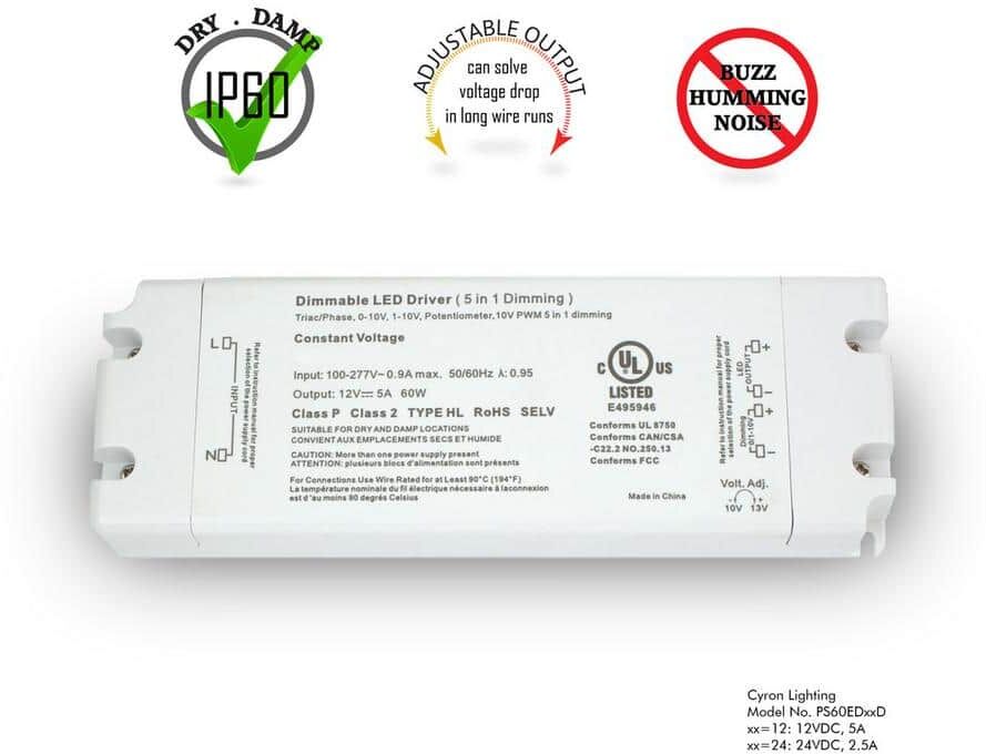 Cyron Power Supply, Dimmable Electronic Type, Dry/Damp locations, Constant voltage 24VDC output, 60-Watt