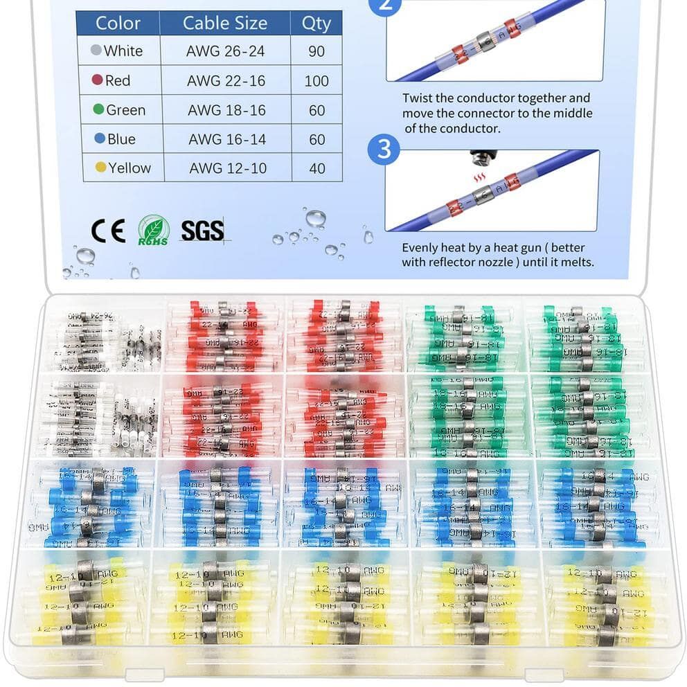 Etokfoks 350-Pieces Solder Seal Wire Connectors Heat Shrink Butt Connectors Kit Waterproof Electrical Cable Splice Terminals