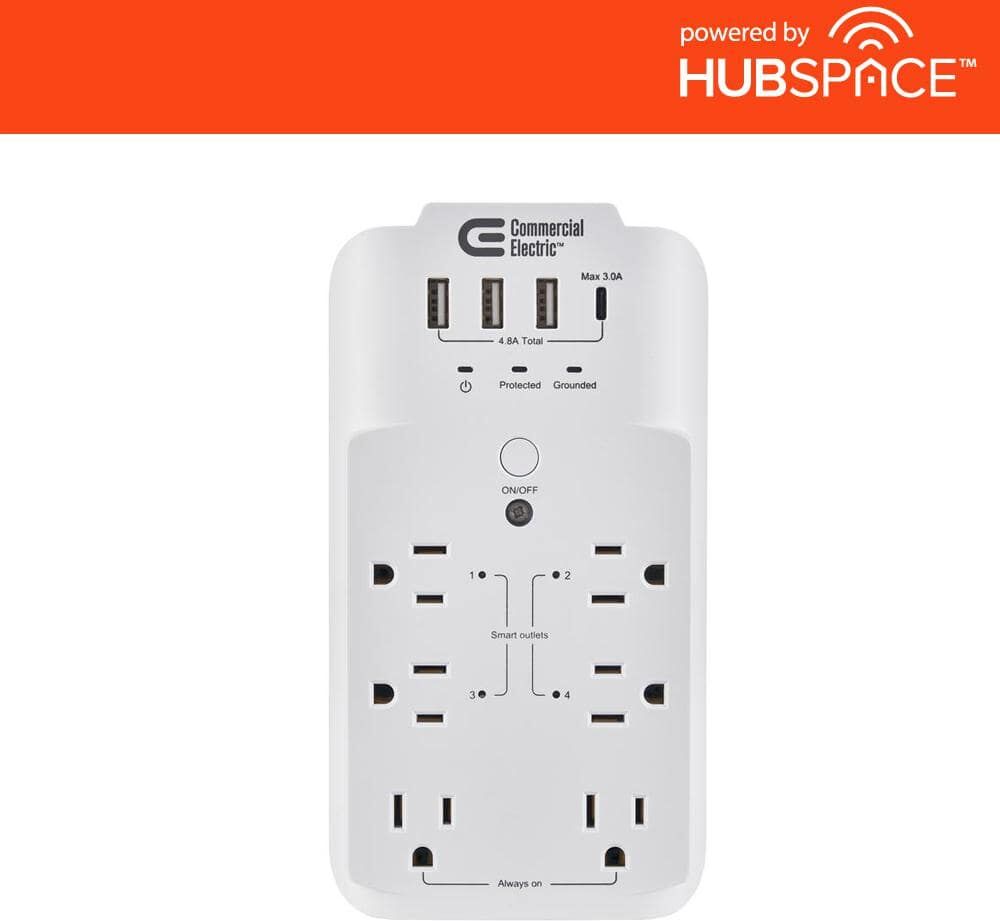 Commercial Electric 6-Outlet Smart Surge Protector with 4 USB Ports, White, Powered by Hubspace