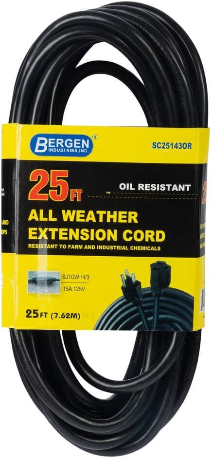 Bergen Industries 25 ft. 14/3 SJTOW 15 Amp/125-Volt All Weather Farm and Shop Extension Cord in Black