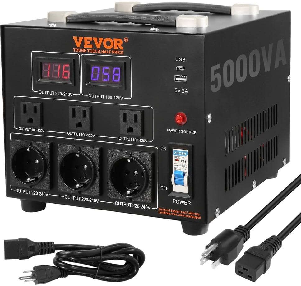 VEVOR Voltage Converter Transformer 5000-Watt Up/Down Transformer 110V/220-Volt with US/EU Outlet 5-Volt USB Port CE Certified