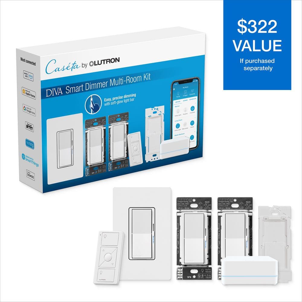 Lutron Diva Smart Dimmer Multi-Room Kit for Caseta Smart Lighting, with Smart Hub + Pico Remote, 150-Watt LED (DVRF-BDG-3D)