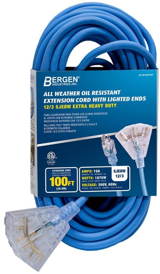 Bergen Industries 100 ft. 12/3 SJEOW 15 Amp/300-Volt All Weather Heavy-Duty Farm and Shop Extension Cord with Triple Tap Lighted End