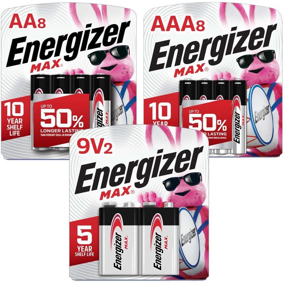 Energizer MAX Battery Bundle with AA Batteries (8-Pack), AAA Batteries (8-Pack) and 9-Volt Batteries (2-Pack)