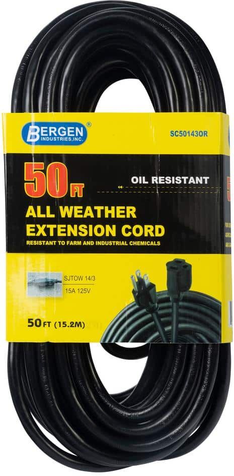 Bergen Industries 50 ft. 14/3 SJTOW 15 Amp/125-Volt All-Weather Farm and Shop Extension Cord in Black