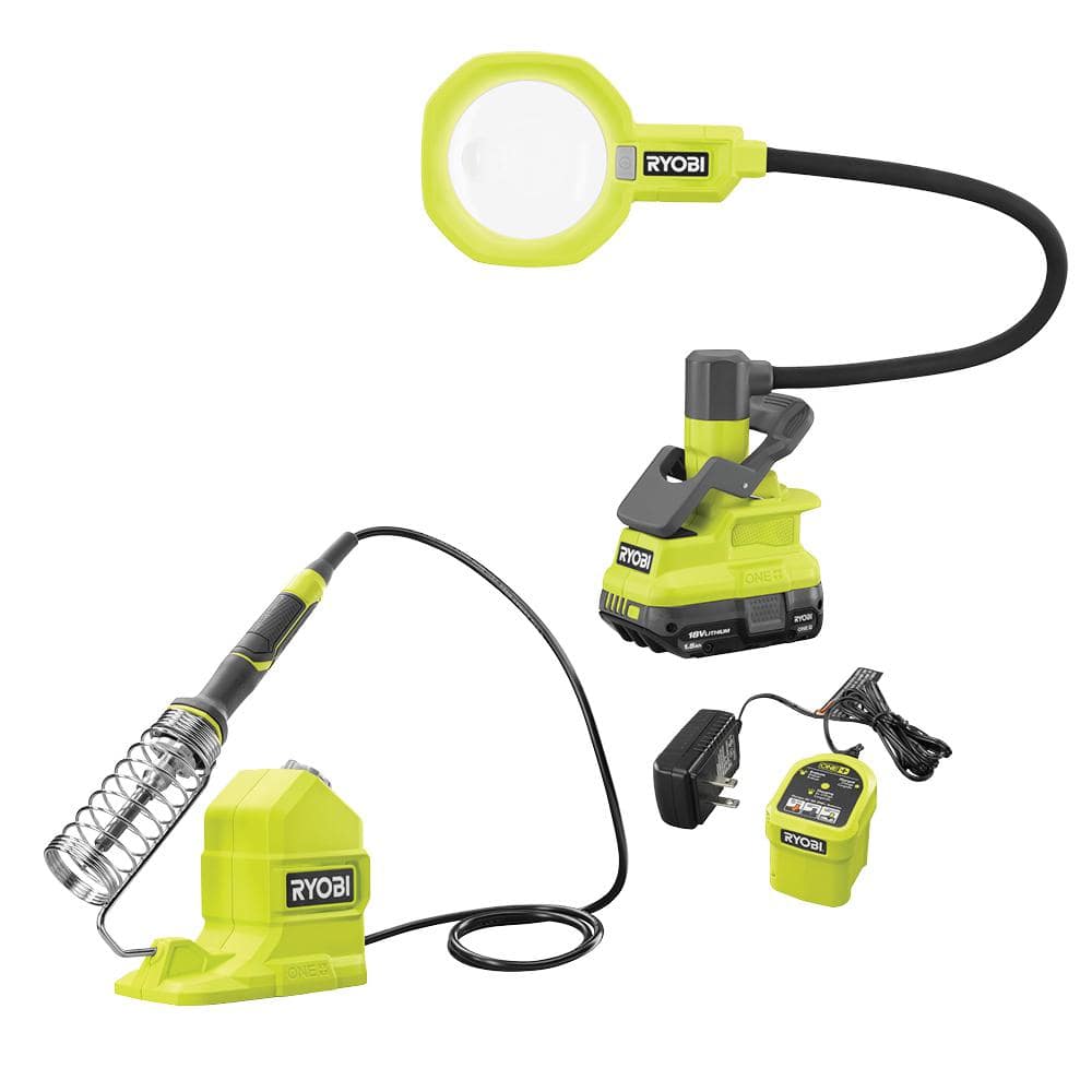 RYOBI ONE+ 18V Cordless 2-Tool Combo Kit with 120W Soldering Iron, Magnifying LED Clamp Light, 1.5 Ah Battery, and Charger
