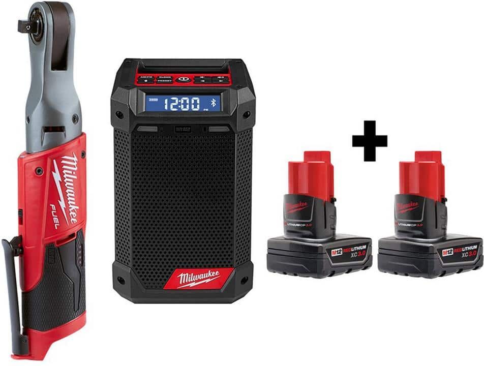 Milwaukee M12 FUEL 12V Lithium-Ion Brushless Cordless 3/8 in. Ratchet and Jobsite Radio with Two 3.0 Ah Batteries