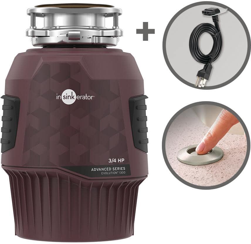 InSinkErator Evolution 1300, 3/4 HP Garbage Disposal with EZ Connect Power Cord and Dual Outlet Switch in Satin Nickel