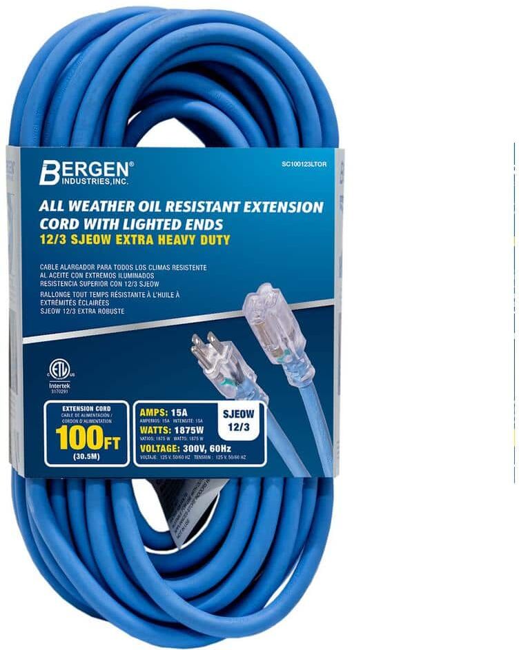 Bergen Industries 100 ft. 12/3 SJEOW 15 Amp/300-Volt All Weather Heavy-Duty Farm and Shop Extension Cord with Lighted End