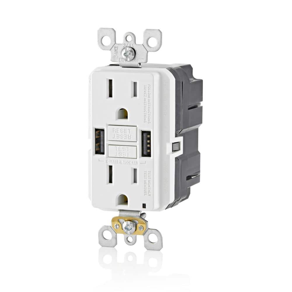 Leviton 15 Amp Smartlock Pro Self-Test GFCI Combination 24-Watt (4.8 Amp) Type A USB In-Wall Charger Duplex Outlet, White