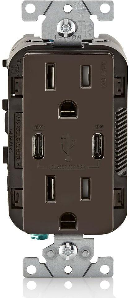 Leviton 30-Watt 6Amp USB Type-C/C 15Amp Tamper-Resistant Outlet USB Charger for Smartphones and Tablets Not for Laptops in Brown