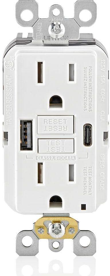 Leviton 15 Amp SmartlockPro Self-Test GFCI Combination 24-Watt (4.8 Amp) Type A/C USB In-Wall Charger Duplex Outlet, White