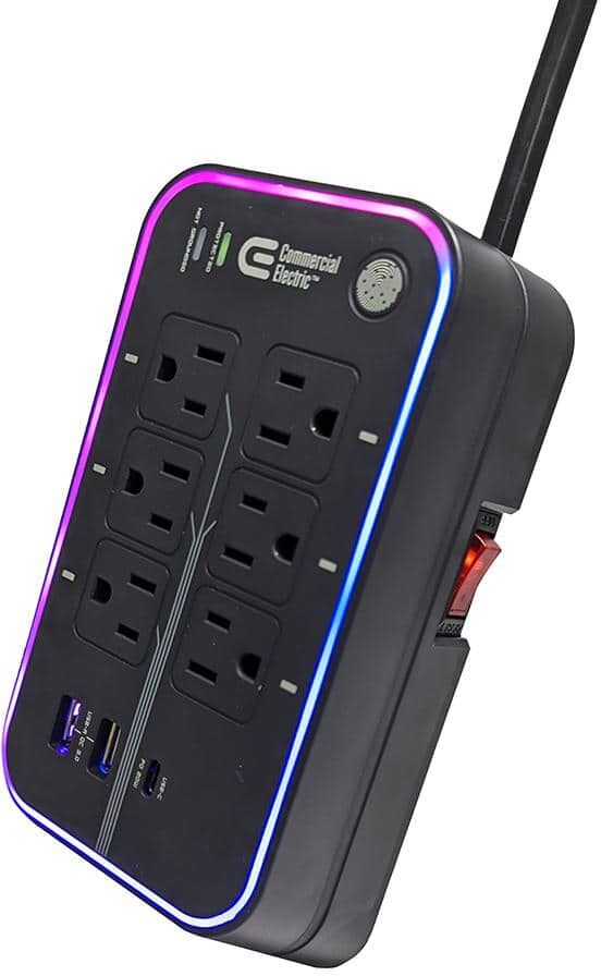 Commercial Electric 6 ft. 6-Outlet RGB Gaming Surge Protector with 2 USB and 1 USB-C