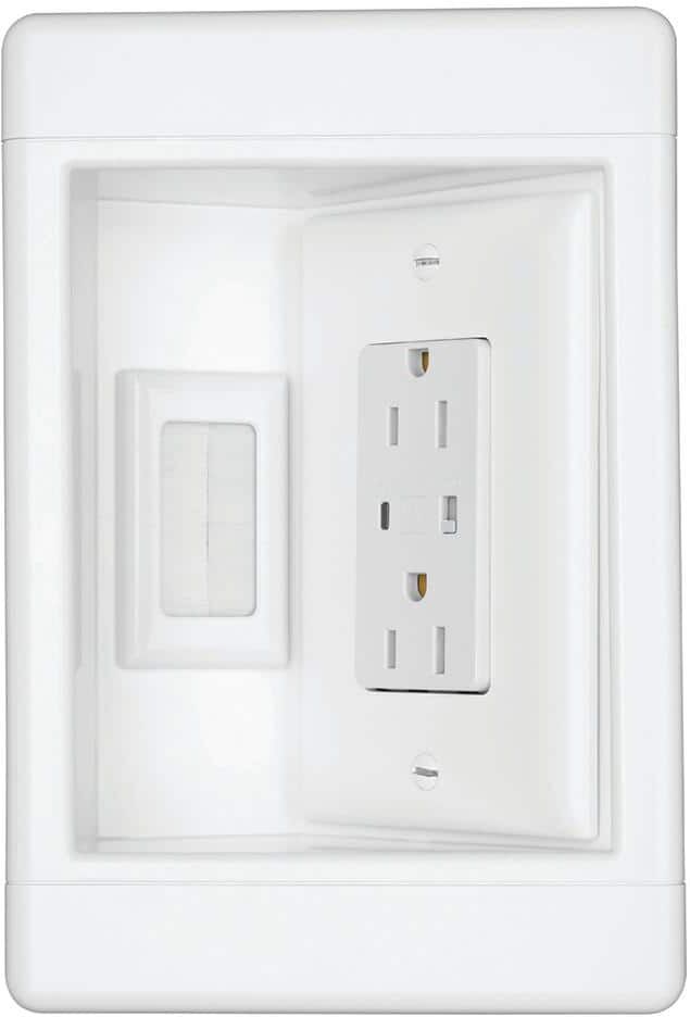 Legrand Pass & Seymour 1 Gang Recessed TV Media Box Kit with Surge Suppress Outlet, LV Access, and Metal Electrical Box, White