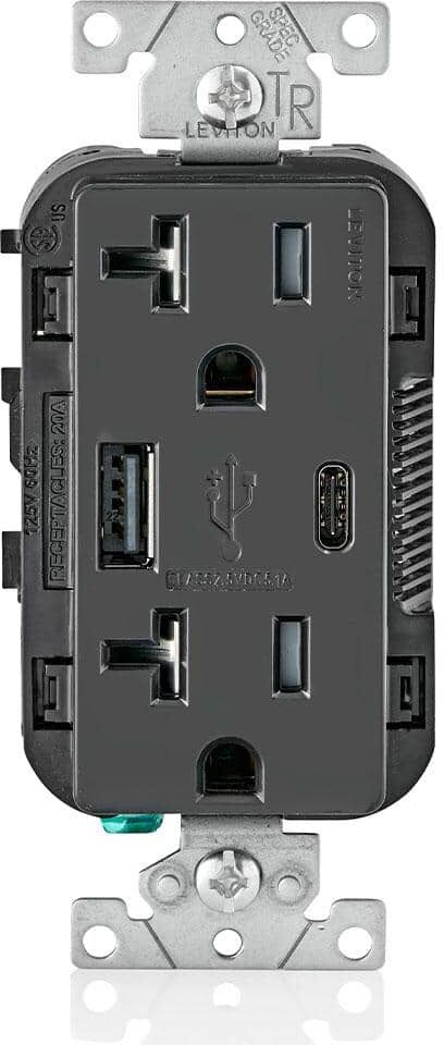 Leviton 20 Amp Type A and Type-C USB Charger/Tamper Resistant Receptacle, Black