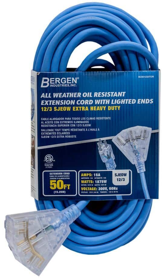 Bergen Industries 50 ft. 12/3 SJEOW 15 Amp/300-Volt All Weather Heave Duty Farm and Shop Extension Cord with Triple Tap Lighted End