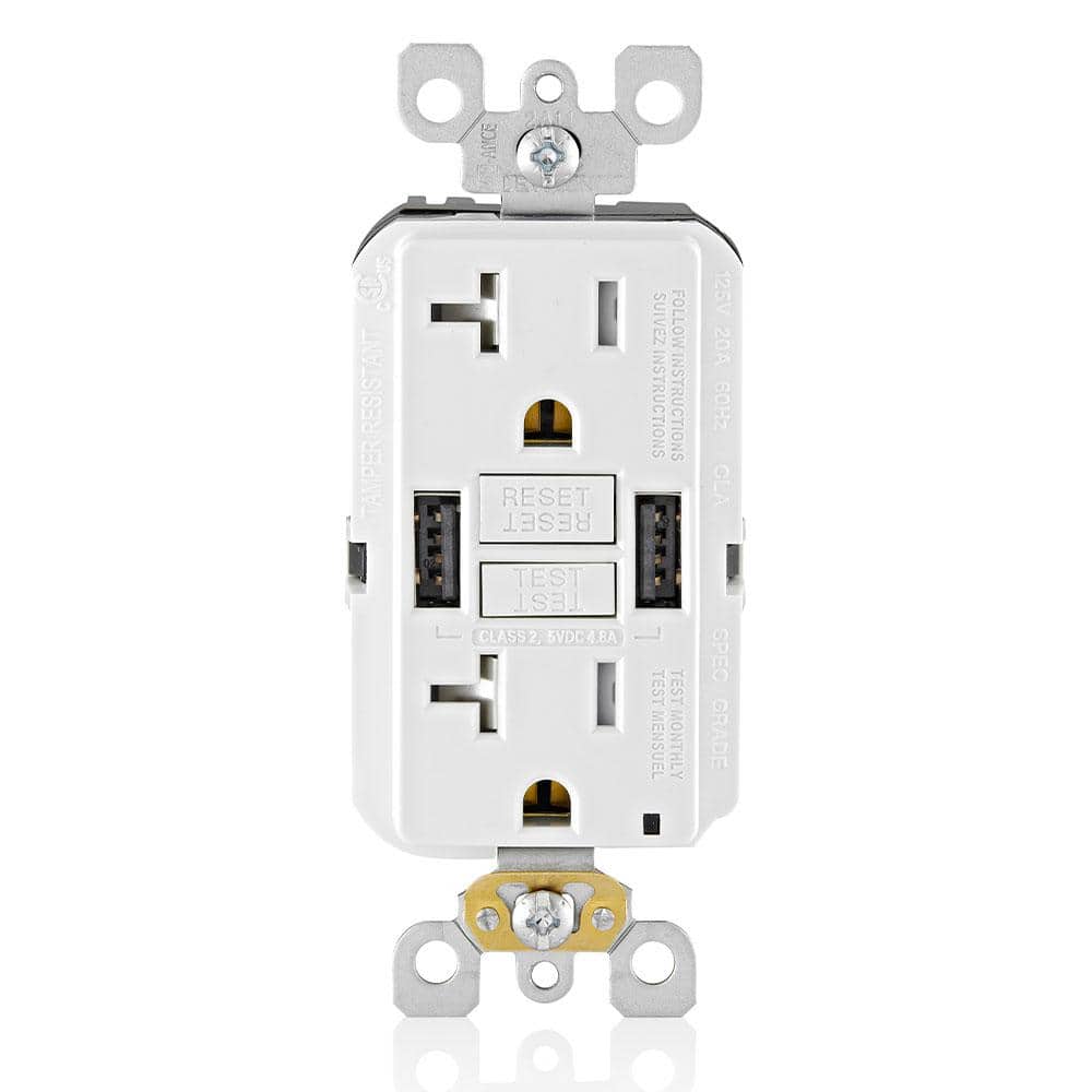 Leviton 20 Amp Smartlock Pro Self-Test GFCI Combination 24-Watt (4.8 Amp) Type A USB In-Wall Charger Duplex Outlet, White