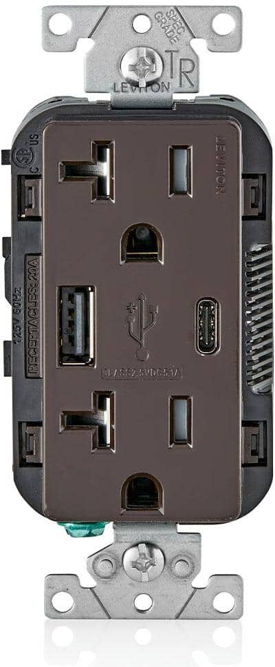 Leviton 20 Amp Type A and Type-C USB Charger/Tamper Resistant Receptacle, Brown