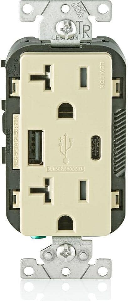 Leviton 20 Amp Tamper Resistant Duplex Outlet with Type A and Type-C USB Chargers, Ivory