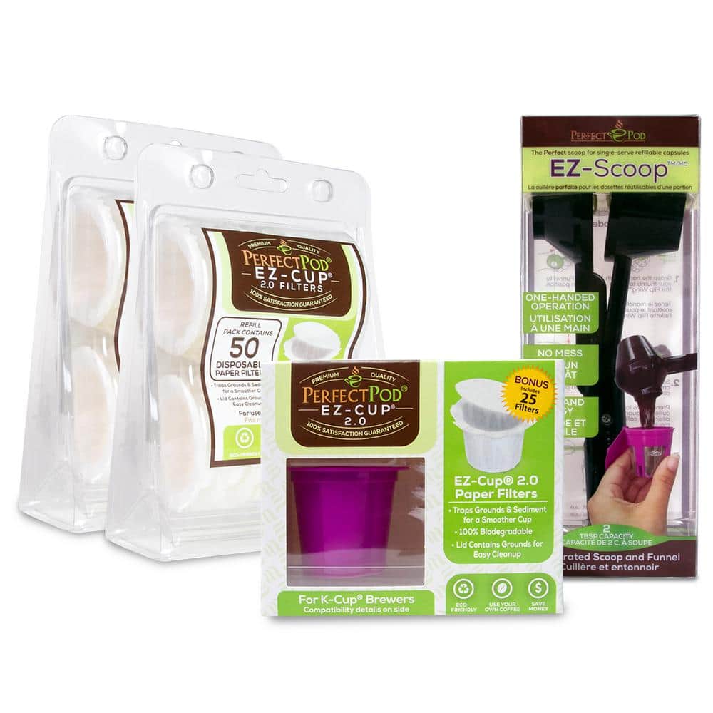 PERFECT POD EZ-Cup 2.0 Starter Bundle Reusable Coffee K Cup Pod 125 Disposable Coffee Paper Filters and EZ Scoop