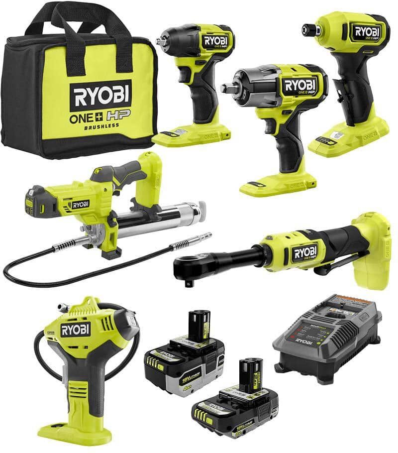 RYOBI ONE+ HP 18V Cordless 6-Tool Ultimate Automotive Starter Kit with (1) 2.0 Ah Battery, (1) 4.0 Ah Battery, Charger and Bag