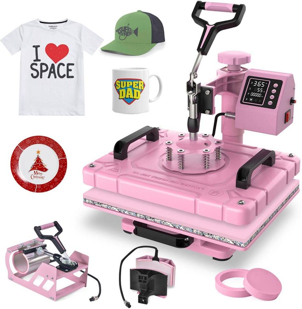 SEEUTEK Saiose Upgraded 5 in 1 Pink T-Shirt Heat Press Machine 12x15 Inch, 360° Swing Away Digital Heat Transfer