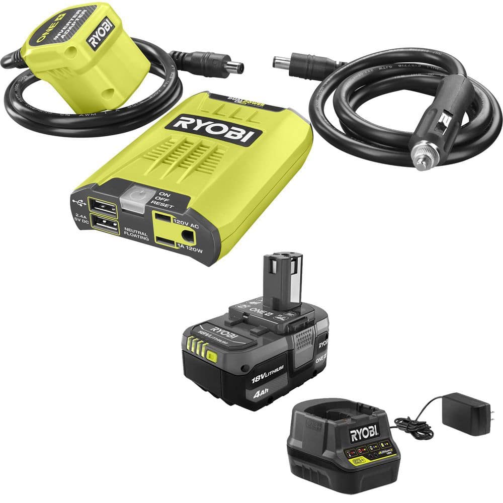 RYOBI ONE Plus 18-Volt 120-Watt 12-Volt Automotive Power Inverter with Dual USB Ports - 4.0 Ah Battery and Charger