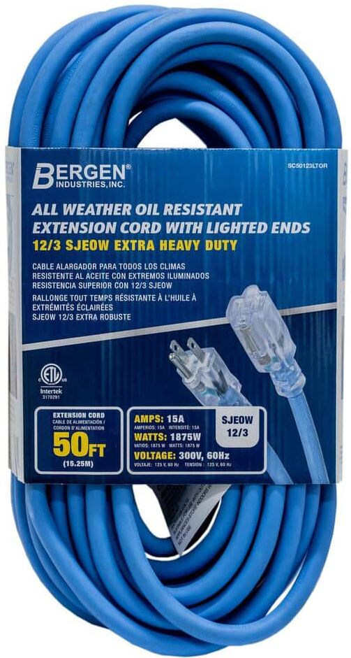 Bergen Industries 50 ft. 12/3 SJEOW 15 Amp/300-Volt All Weather Heavy-Duty Farm and Shop Extension Cord with Lighted End