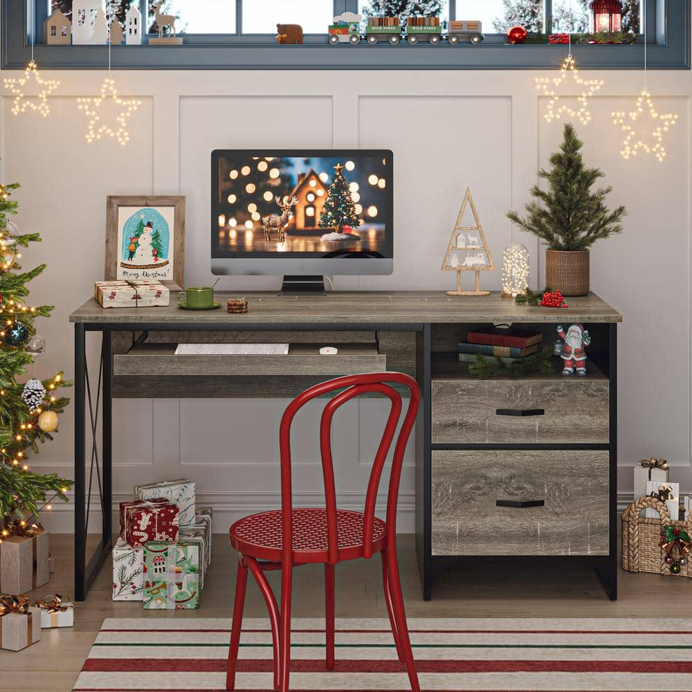 Bestier 55 in. Desk with 2 Drawers Industrial Style Office Desk with Keyboard Tray Dark Retro Grey Oak