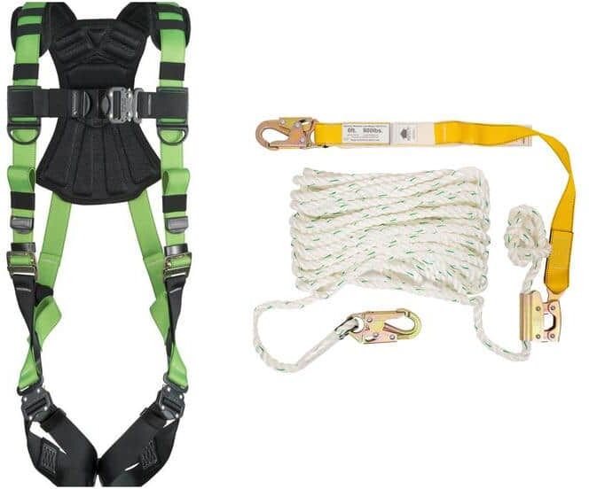 Werner Fall Protection Easy Wear Adjustable Safety Harness with 50 ft. Rope Lifeline and Lanyard Bundle