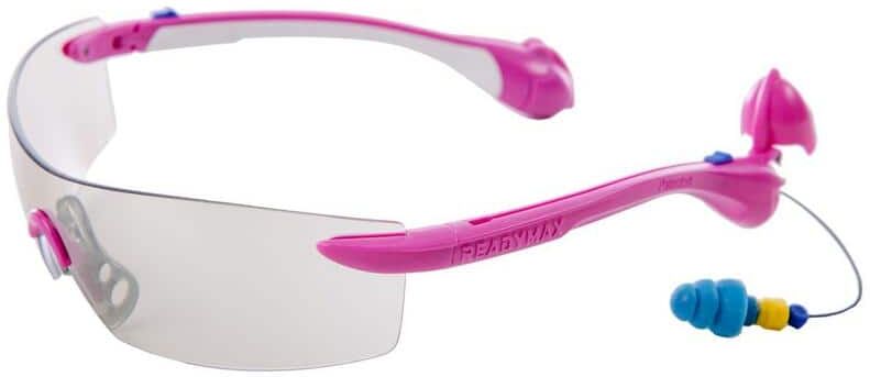 SoundShield Women's Sport Safety Glasses Pink Frame Indoor/Outdoor Lens with Built In NRR 27 db TPR PermaPlug Earplugs