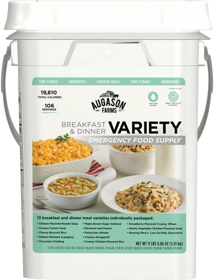 AUGASON FARMS Breakfast and Dinner Variety Pail Emergency Food Supply 13 Varieties 4-Gallon Pail 25 Year Shelf Life