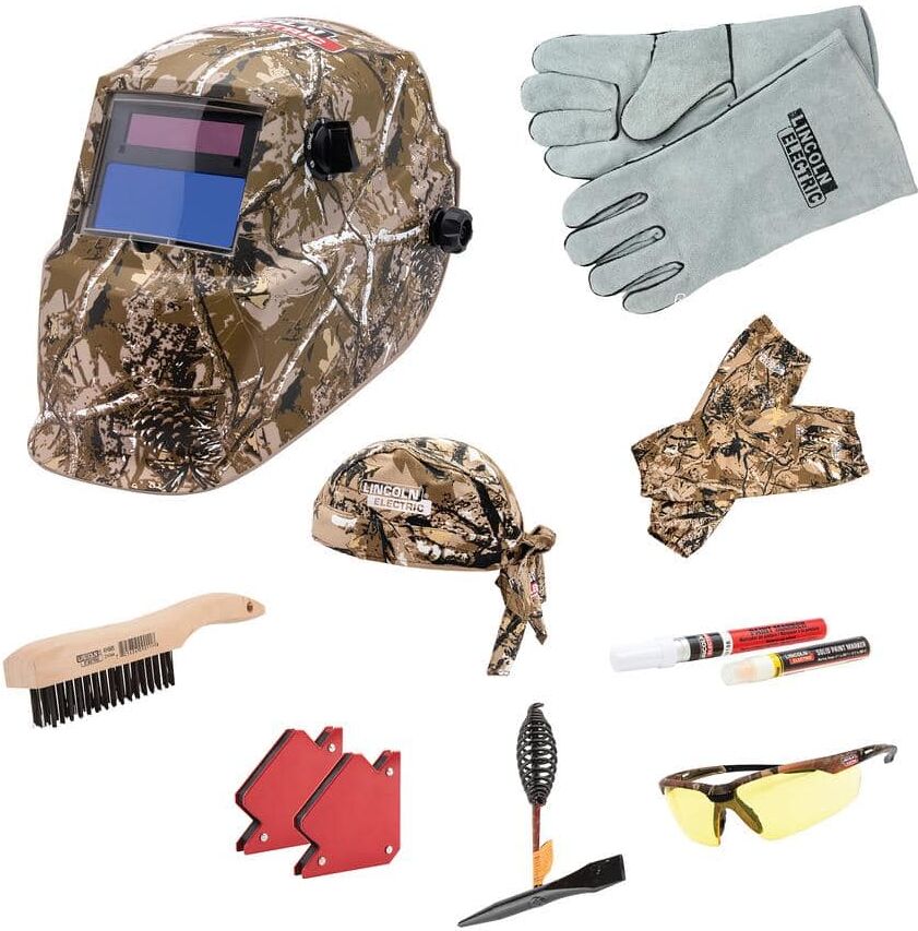 Lincoln Electric Camo Welding Helmet Kit with Auto Darkening 9-13 Helmet, Gloves, Brush, Magnet, Doo Rag, Sleeves, Safety Glasses